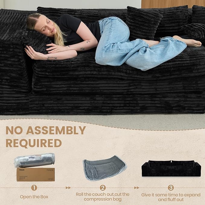 Belffin Plush Corduroy Boneless Cloud Couch with Deep Seat Convertible Sleeper Sofa Bed Cloud Boneless Sectional Couch No Assembly Required. Black Sofa