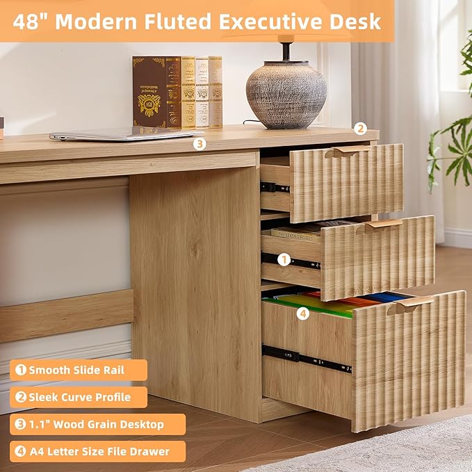 LEYAOYAO Office Desk 48 with 3 Drawers Storage File Cabinet Wood Fluted Desk for Computer Office Bedroom Home Furniture Natural