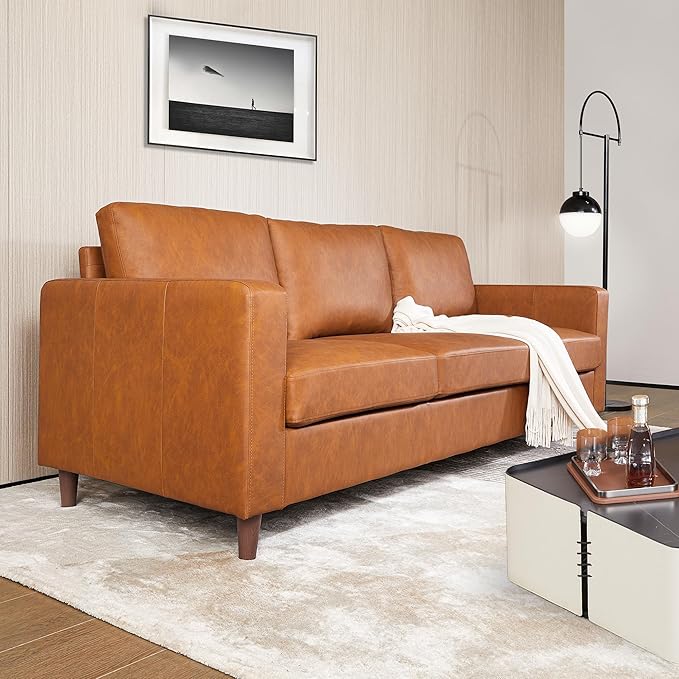 Garvee Brown Leather Sofa 83 in Mid-Century Modern Couch 3-Seater Sofa with Armrests and Comfy Cushions Pu Deep Seat Sofas for Living Room Bedroom Office