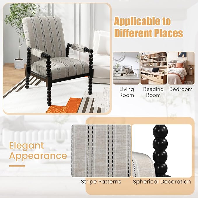 Giantex Mid Century Modern Spindle Accent Chair Set of 2 Upholstered Armchair w/Rubber Wood Frame Ergonomic Backrest &amp Fabric Covered Armrests Comfy Single Sofa Chair for Living Room Bedroom