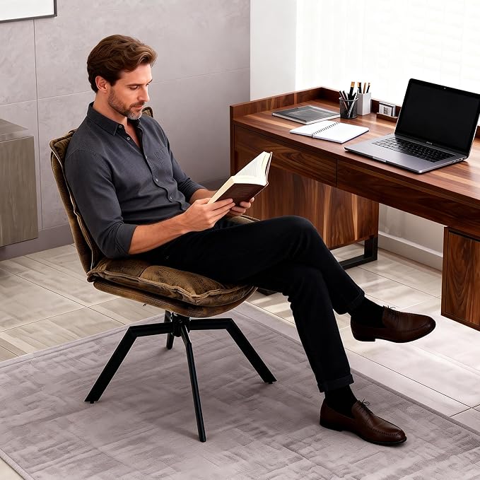 KEEZY Mid-Century Modern Accent Chair Set of 2 Cat-Scratch Leather Vanity Chair with 360° Auto Return Swivel High Density Padding &amp Metal Legs Ideal for BedroomLiving Room andHome Office（Brown