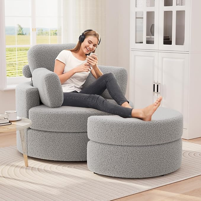 MEISSALIVVE Swivel Accent Chair - Swivel Chair with Ottoman Cuddle Round Lounge Sofa with Pillow 360° Rotating Barrel Sofa Chairs for Living Room (Grey)
