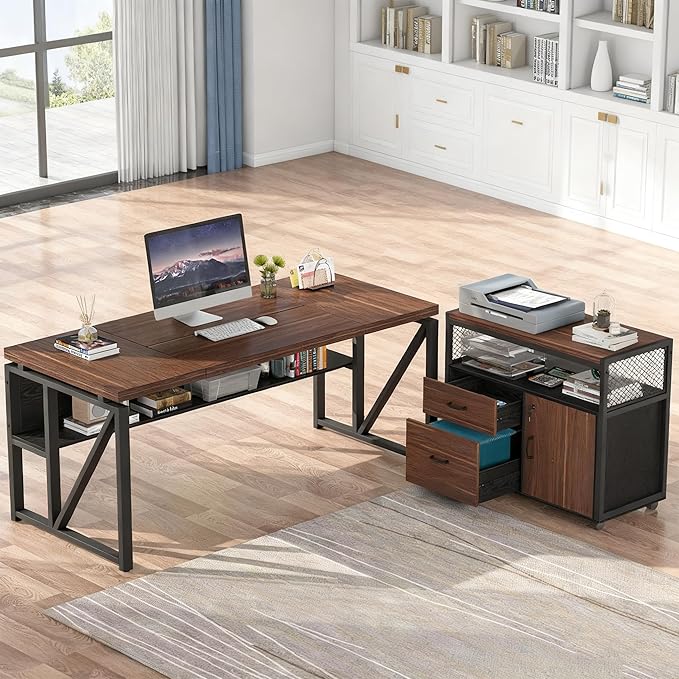 Tribesigns L-Shaped Desk with Drawers 63 Executive Office Desk with Mobile File Cabinet and Storage Shelves Home Office Business Furniture Set (Dark Brown and Black)
