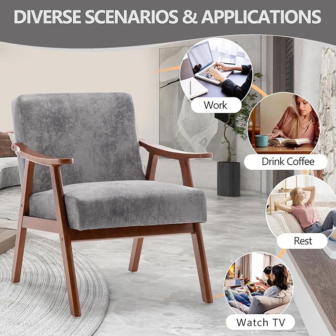 Fefances Mid-Century Modern Accent Chair - Solid Wood Frame Ultra-Thick Backrest Wingback Design Perfect for Bedroom &amp Indoor Lounge AreaGrey