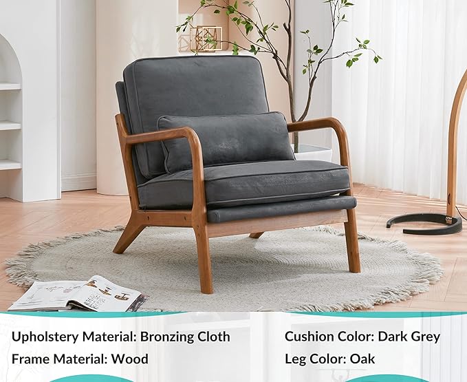 JOYBASE Lounge Accent Chair Mid Century Modern Chair Arm Chair Wood Frame Armchair for Living Room Bedroom (Dark Grey Bronzing Cloth)