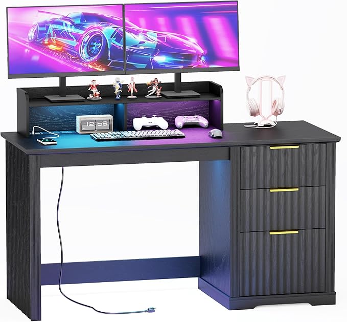 Computer Desk with Monitor Stand 47 inch Home Office Desk with RGB LED Lights and Power Outlets Writing Desk with Storage File Drawer for Working Gaming Writing Black