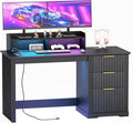 Computer Desk with Monitor Stand 47 inch Home Office Desk with RGB LED Lights and Power Outlets Writing Desk with Storage File Drawer for Working Gaming Writing Black