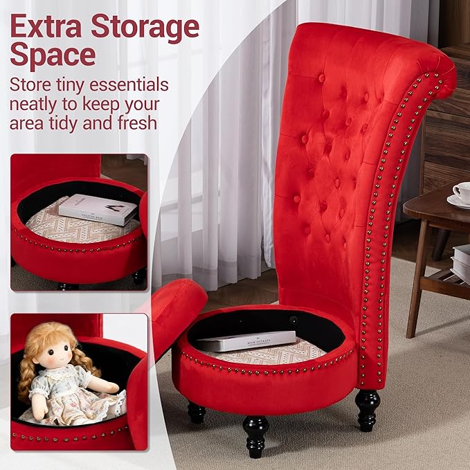 Throne Royal Chair High Back Velvet Accent Chair with Hidden Storage Button Tufted Vintage Armless Chair for Living Room Bedroom Office Red