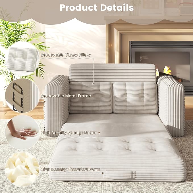 Convertible Sofa Bed 2 in 1 Boneless Couch Bed with 2 Pillows Corduroy Pull out Couch Folding Sofa Bed with Deep Seat Small Loveseat Sleeper Sofa Bed in a Box for Small Spaces No Assembly Needed