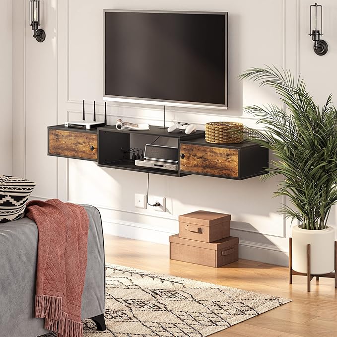 HOOBRO 55 Floating TV Stand with Power Outlet Modern Wall Mounted Media Console Shelf Cabinet for Under TV Storage Entertainment Center Living Room Bedroom Rustic Brown and Black BF11DS01
