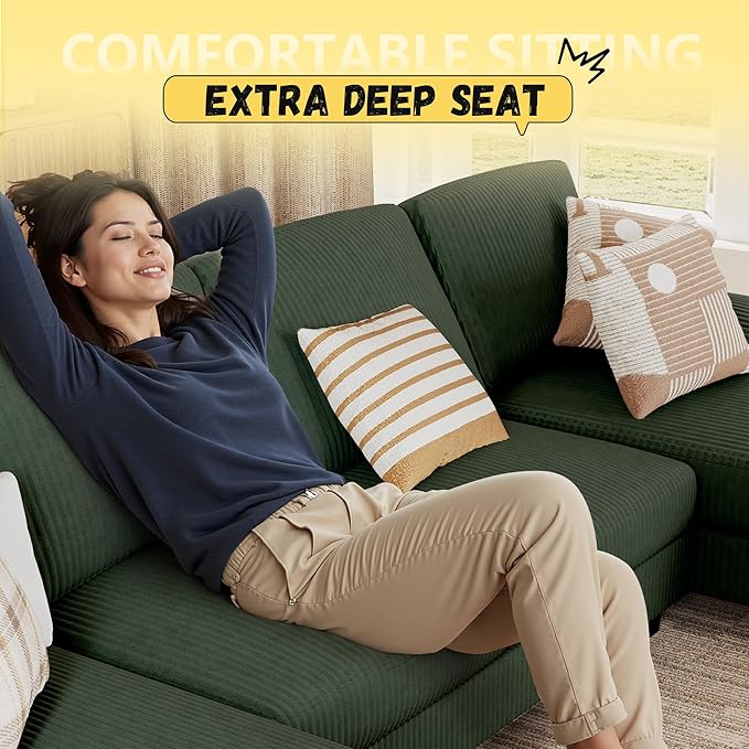 JUMMICO Sectional Couches for Living Room U Shaped Couch with Chenille Fabric 4 Seat Modern Sofa with Removable Pillows for Apartment and Small Space (Corduroy Light Green)