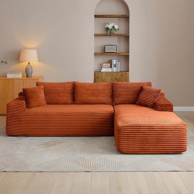 108 Cloud Sectional Couch Modern Boneless Couch with L-Shape Chaise Deep Seat Modular Sectional Sofa Corduroy Corner Couches for Living RoomNo Assembly Required (Orange Right Facing Chaise)