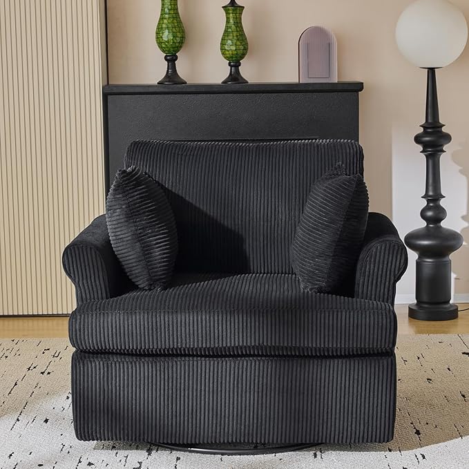 Karl home 39 Swivel Accent ChairOversized Seat Armchair W/2 Pillows and 4 PocketsModern Upholstered Corduroy Barrel ChairsComfy Single Sofa for Living RoomReadingBedroom and Office -Black