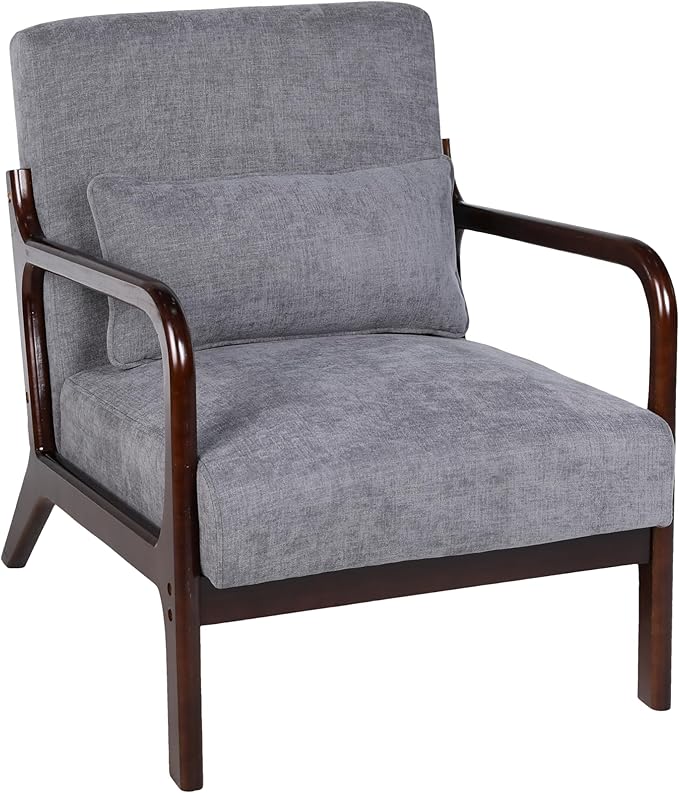 Mid Century Modern Accent Chair with Solid Wood Frame Comfy Reading Lounge Chair with Detachable Lumbar Pillow for Living Room Bedroom Office Vintage Small Wooden Armchair for Waiting Room (Grey)