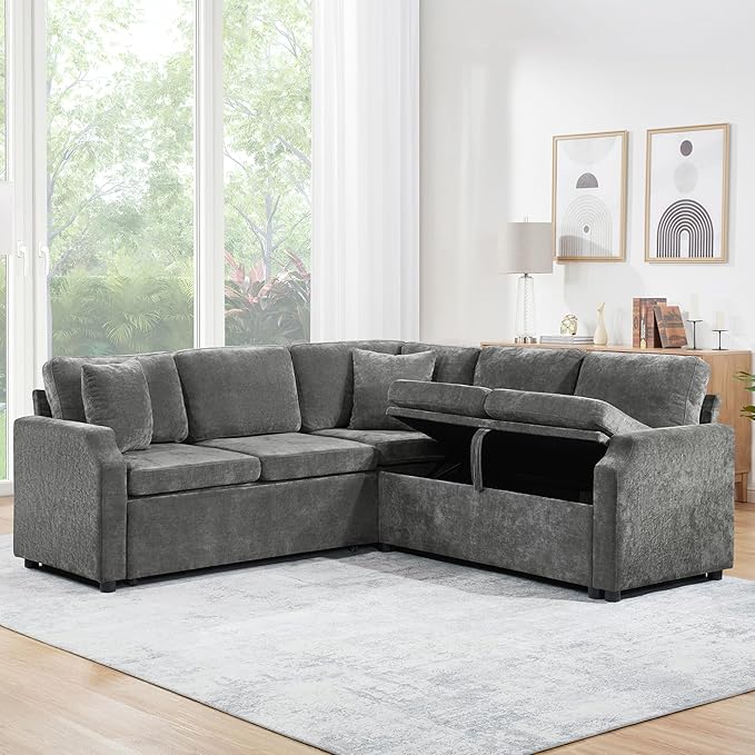 81.9 Sectional Sofa Bed L-Shaped Sectional with a Hidden Storage Compartment Versatile Pull-Out Sofa Bed with Cozy Throw Pillows for Living Room Apartments Offices (Gray-04e)