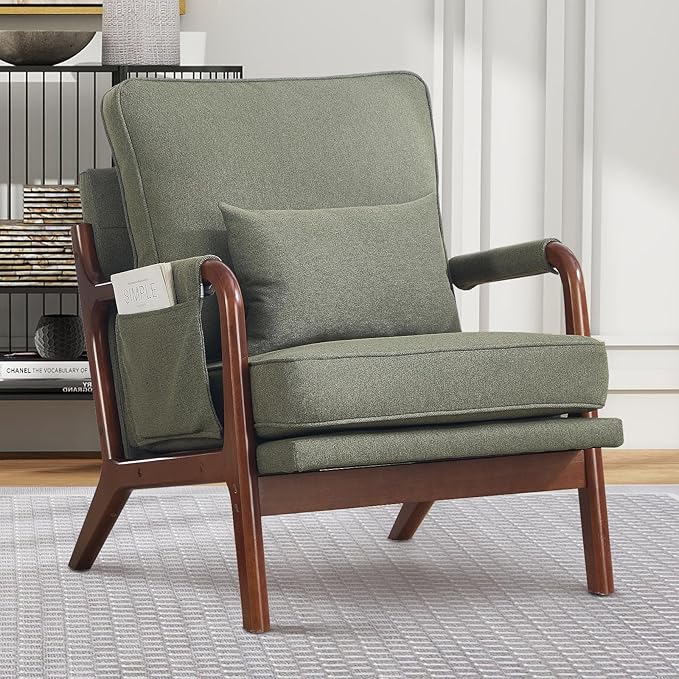 ANJ Mid Century Modern Accent Chair Lounge Reading Armchair with Extra Side Pocket &amp Detachable Cushion Comfy Fabric Accent Chairs for Living Room BedroomGreen