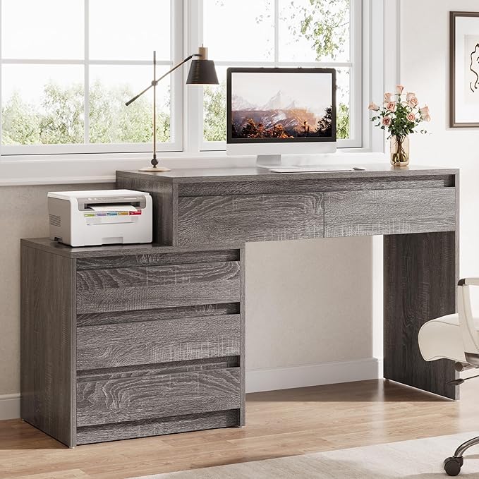 Tribesigns Computer Desk with 5 Drawers Executive Home Office Desk with File Cabinet and Printer Stand Industrial Rustic Wood Desk for Small Spaces Study Writing Workstation (Gray)