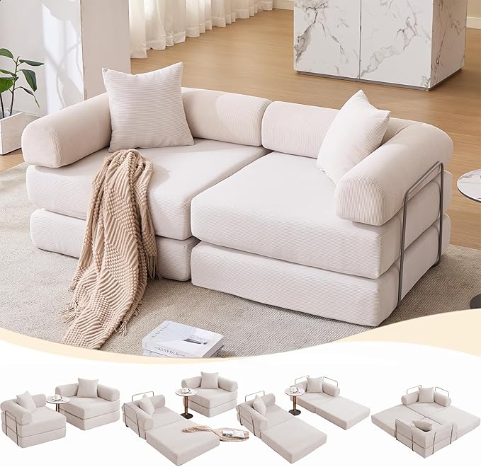 Convertible Modular Couch Sofa Bed 4 in 1 Sleeper Floor Sofa with Folding Mattress Corduroy Fold Out Boneless Couch Bed with 2 Pillows Comfy Foldable Lounge for Living Room Bedroom Beige