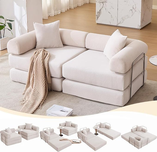 Convertible Modular Couch Sofa Bed 4 in 1 Sleeper Floor Sofa with Folding Mattress Corduroy Fold Out Boneless Couch Bed with 2 Pillows Comfy Foldable Lounge for Living Room Bedroom Beige