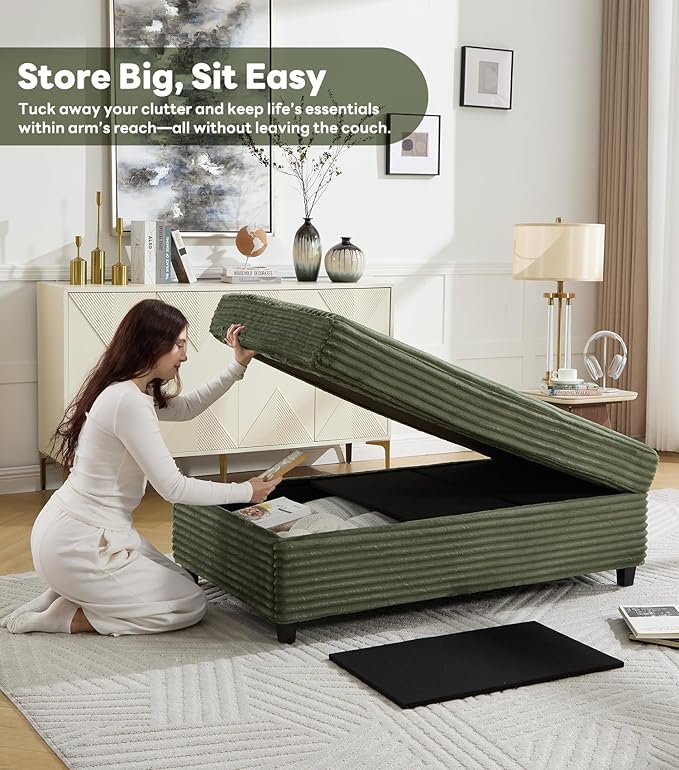 Tbfit 63.4 Oversized Loveseat with Storage Ottoman Comfy Chaise Lounge Chair Indoor Corduroy Sleeper Sofa Bed Modern Upholstered Love Seat Couch for Living Room Bedroom Apartment Green | Breath