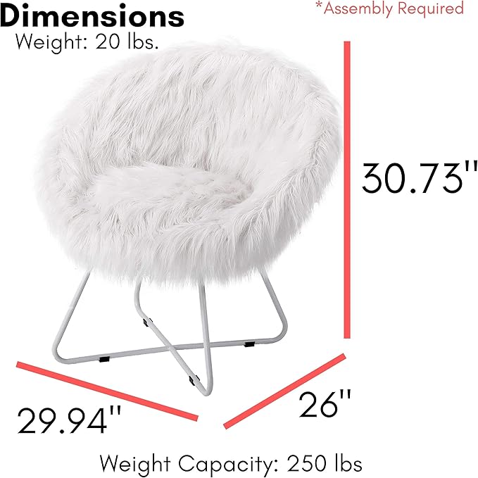 BIRDROCK HOME Papasan Chair with Silver Legs - Oversized Comfy Cushion for Indoor Lounge Bedroom Dorm or Living Room - Cozy Fuzzy Seat - Metal Frame - Large Circle Lounge Chair Patio Chair - White