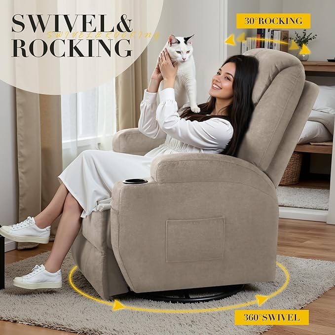 Recliner Chair 360° Swivel Rocker Chair for Adults Rocking Recliner Chair with Massage Comfy Single Sofa with Side Pockets Cup Holders for Living Room Bedroom Nursery (Fabric Khaki)