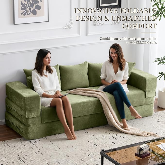 79 Convertible Folding Sofa Bed Queen Sleeper Sofa Couch with Armrest and Pillows Chenille Fold Out Floor Chaise Lounge Comfy Foldable Futon Mattress For Living Room Bedroom (Green 7.87)