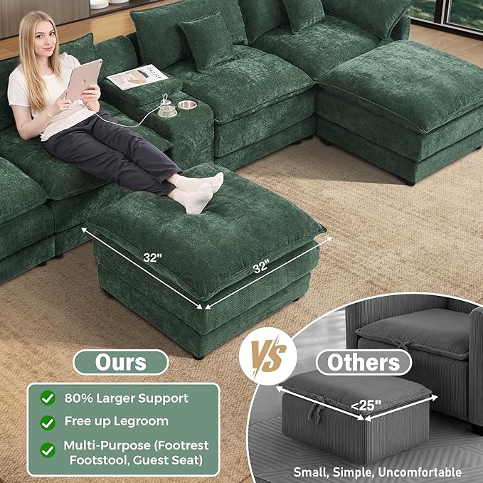 145 Oversized Modular Sectional Sofa U Shaped Cloud Couch Modern 6 Seat Sofa Set for Living Room Comfy Chenille Deep Seat with Storage Central Console Movable Ottomans Cup Holders USB Ports Green