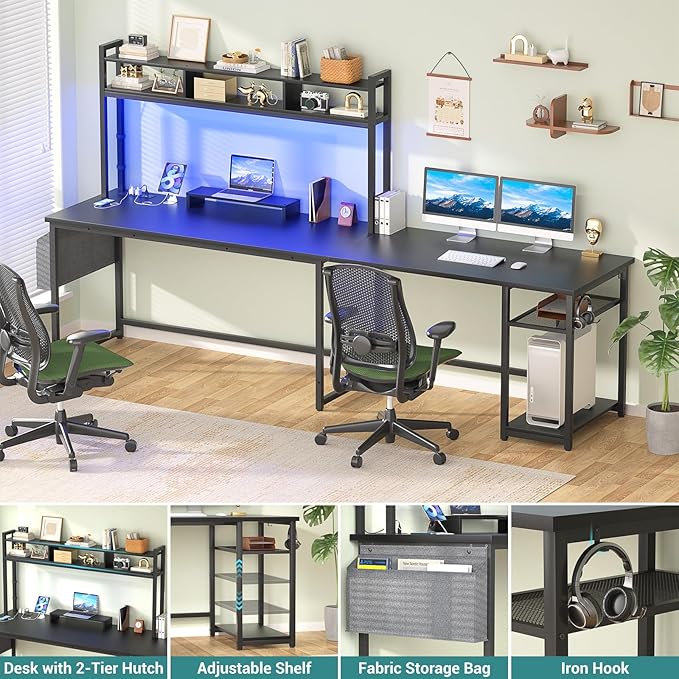 Aheaplus L Shaped Gaming Desk 59 Gaming Desk with Power Outlet and Led Lights Reversible L Shaped Computer Desk with Hutch &amp Monitor Stand Home Office Desk L Shaped Desk Corner Desk Black