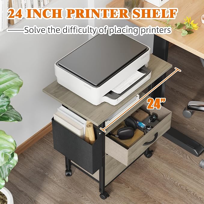GYIIYUO 2 Drawer File Cabinet with 24'' Extended Desktop Mobile Filing Cabinet Rolling File Cabinet with Side Bag Fabric Drawer Fits A4/Letter Size Printer Stand Home Office Oak Grey