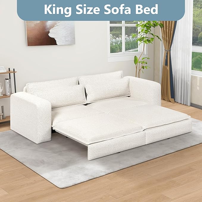 93 King Size Sofa Bed 3 in 1 Convertible Pull Out Couch Loveseat Sleeper Comfy Upholstered Teddy Sofa 3 Seater Chaise Lounge with 2 Pillows Modern Couch Bed for Living Room Beige