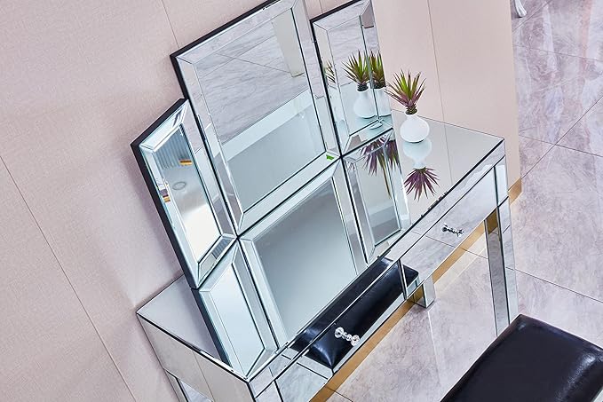 39.4‘’Silver Mirrored Desk Vanity Set Makeup TableMDF Silver Dressing Table with 2 Drawer Vanity Desk for Women Girls Home OfficeLiving Room Office Den (Mirrored Desk)