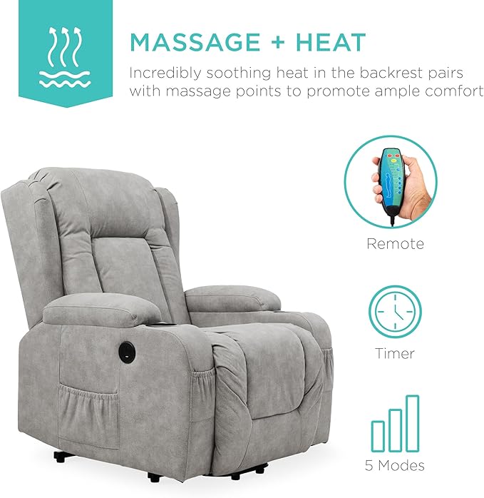 Best Choice Products PU Leather Electric Power Lift Chair Recliner Massage Chair Adjustable Furniture for Back Legs w/ 3 Positions USB Port Heat Cupholders Easy-to-Reach Side Button - Gray
