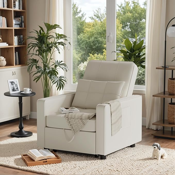 JUMMICO Sleeper Chair 3-in-1 Convertible Sleeper Sofa Bed for Adults Linen Fabric Pull Out Chair Bed with Adjustable Backrest Couches for Living Room Apartment Office Small Space (Beige)