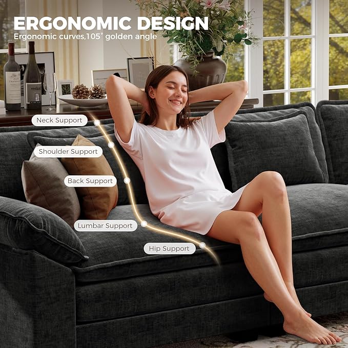 CDCASA 117 Oversized Modular Sectional Sofa with Corner Comfy V-Shaped Cloud Couch 5-Seater Chenille Deep Seat Modern Sofa Couch for Living Room DIY Combination Black