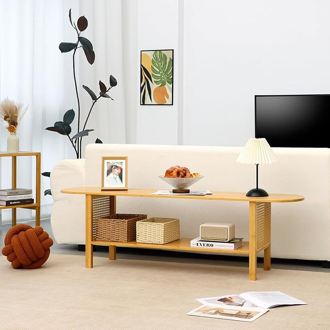 Bamboo TV Stand for TVs up to 65 Accent Entertainment Center with Storage Media Console Table with Rattan Modern TV Stand for Living Room Bedroom 55(L) Burlywood