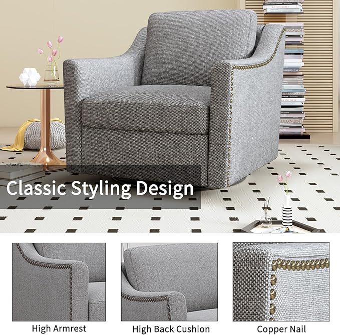 QMIT Cotton Linen Fabric 360° Swivel Accent ChairBarrel Chairs for Bedroom Living Room (Light Gray)