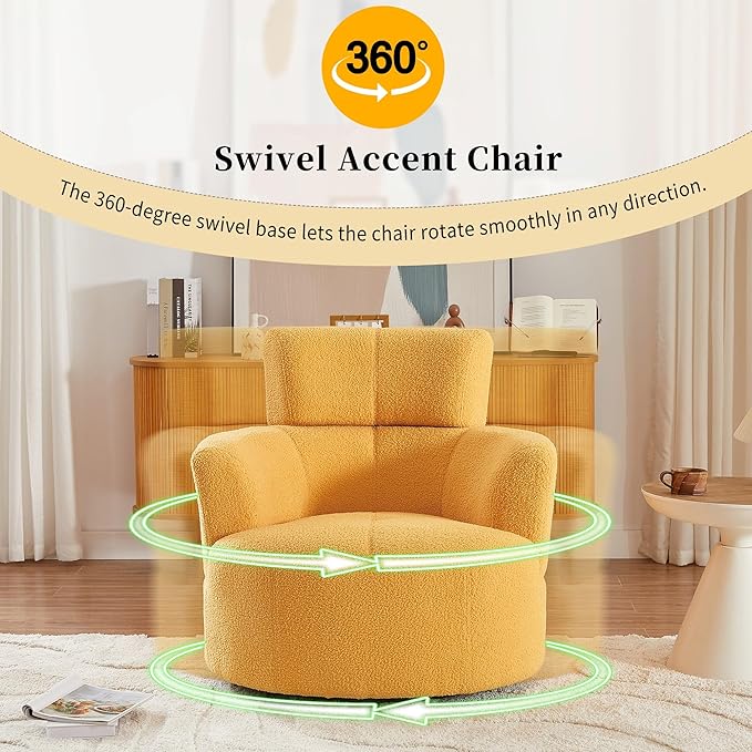 Swivel Accent ChairBedroom Barrel Chairs with Seat CushionModern 360° Soft Berber Fleece Fabric Circle Chair with Adjustable Headrest for Living Room (Yellow)