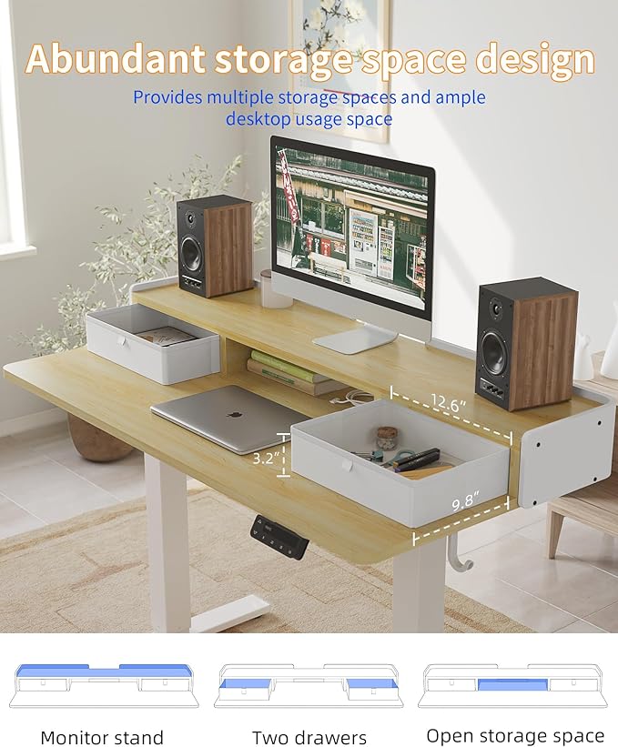 YIHAYO Electric Standing Desk with Drawers 40 x 24 Inches Adjustable Desk with Storage Shelf Stand Up Desk with Splice Board Computer Table for Home Office White Frame/Natural Top