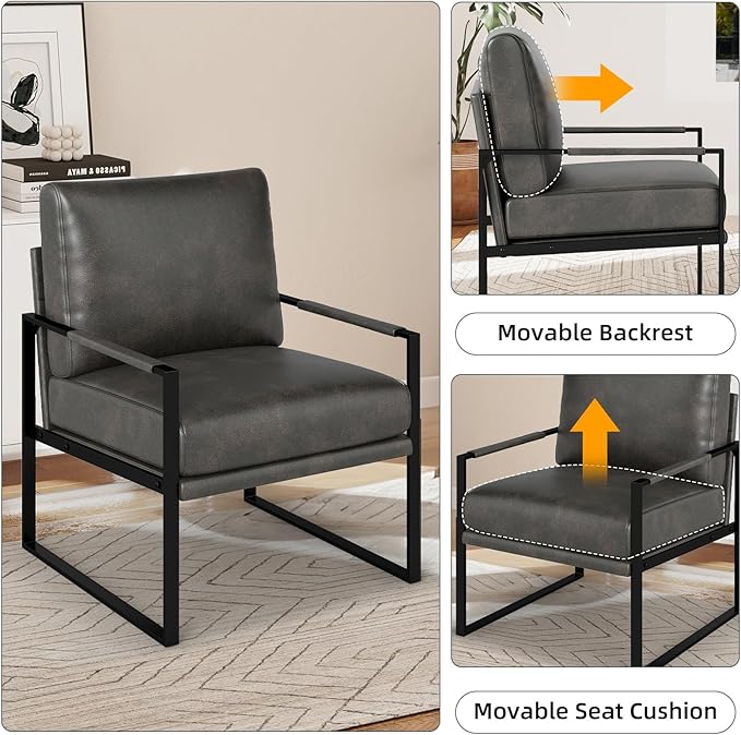 CANMOV Mid Century Modern Accent Chair Set of 4 Breathable PU Leather Armchair with Removable Cushion Comfy Living Room Chairs with Sturdy Metal FrameThicker Backrest for Living RoomDark Grey