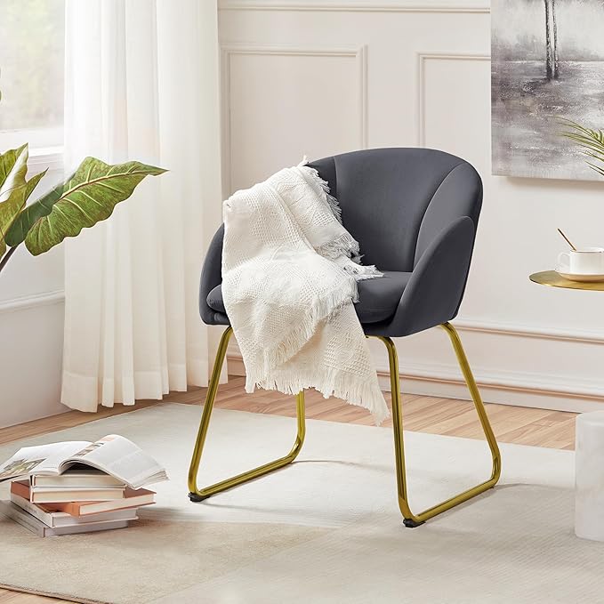 Yaheetech Flower Shape Velvet Armchair Modern Side Chair Vanity Chair with Golden Metal Legs for Living Room/Dressing Room/Bedroom/Home Office/Kitchen Dark Gray