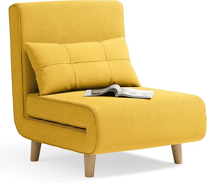 Aiho Futon Sofa Bed 3-in-1 Convertible Sleeper Chair Bed Futon Chair with 6-Level Adjustable Backrest and Pillow for Apartment Dorm Office Linen Yellow
