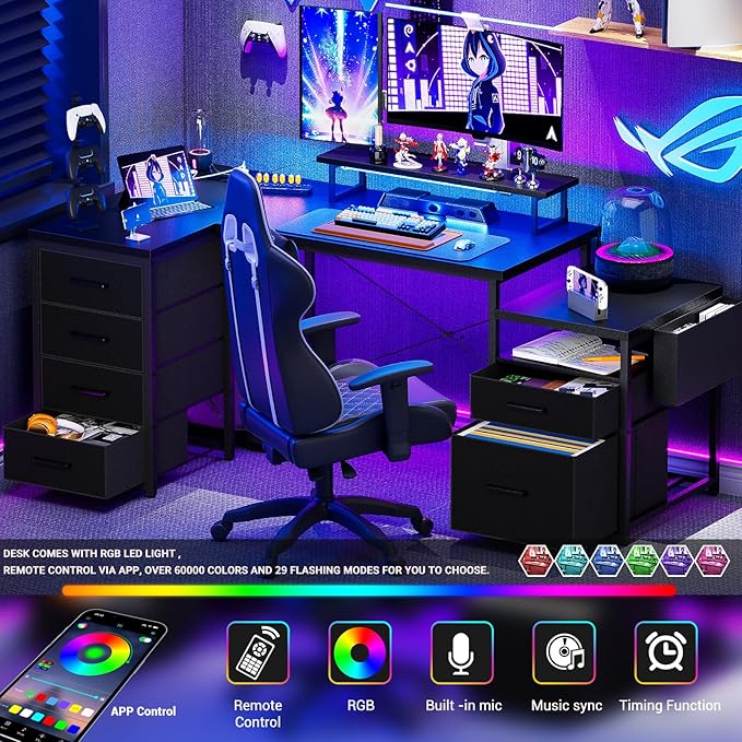 Unikito Reversible L Shaped Computer Desk with Fabric File Drawers 70.8 Large Office Corner Desk with RGB LED Lights &amp Power Outlets &amp Monitor Stand &amp CPU Stand Sturdy L Shape Gaming De