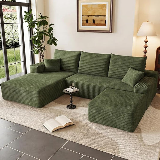 95 Cloud Sectional Couch with OttomanModern U-Shaped Cloud Couch with Deep SeatComfy Corduroy 3-Seater SofaMemory Foam Sofa for Living RoomNo Assembly (GreenLeft-Facing Chaise)