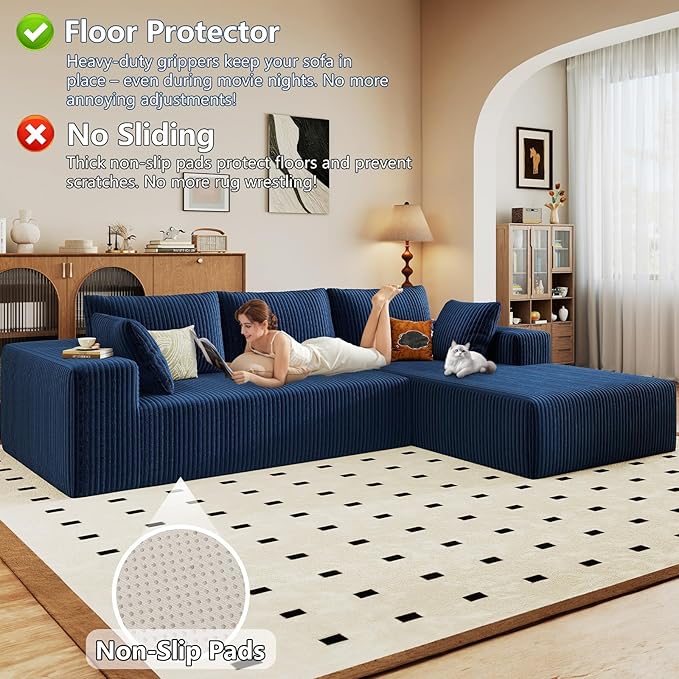96 Modular Sectional Sofa Modern Corduroy Cloud Couch with Deep Seat Boneless Couch Upholstered 3-Seater L-Shaped Sofa for Living Room No Assembly Required (Blue Right-Facing Chaise)