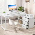 55 Inch White Desk with 3 Drawers L Shaped Desk with Storage Corner Desk with Monitor Stand and Shelves White