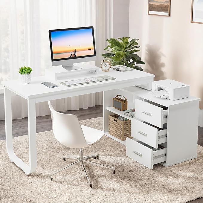 55 Inch White Desk with 3 Drawers L Shaped Desk with Storage Corner Desk with Monitor Stand and Shelves White
