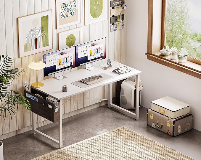 AODK 48 inch Small Computer Desk with Power Outlet for Small Spaces Home Office Student Laptop PC Writing Desks with Storage Bag Headphone Hook White