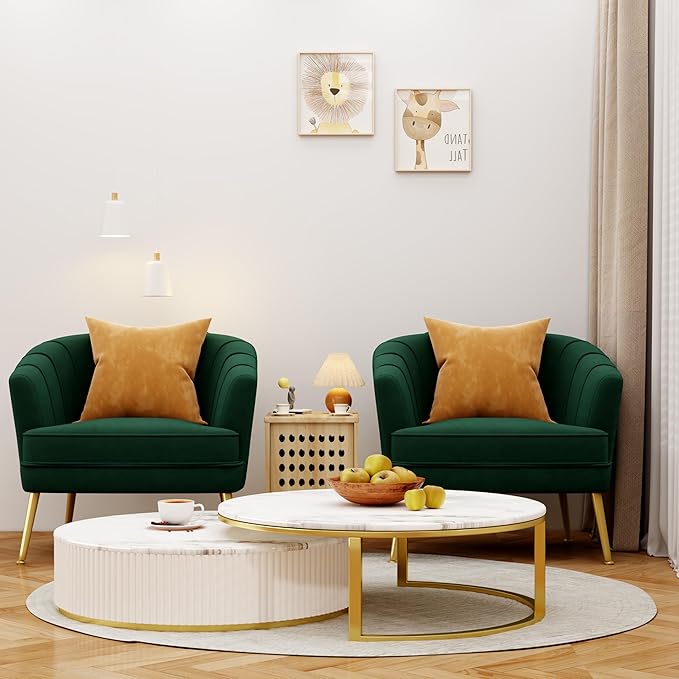 Velvet Accent Chairs for Living Room Bedroom Office - Upholstered Single Sofa Arm Chair with Metal Legs Green