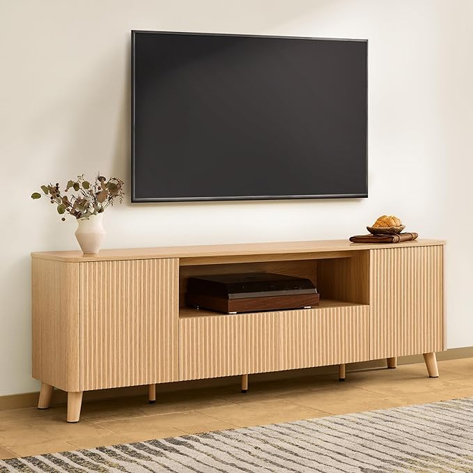CHITA TV Stands for Living Room Mid Century Modern TV Stand for 80 inch TV with Storage Drawers Adjustable Shelves Oak